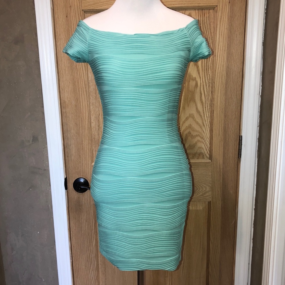 Teal, Short, Off-the-shoulders Dress